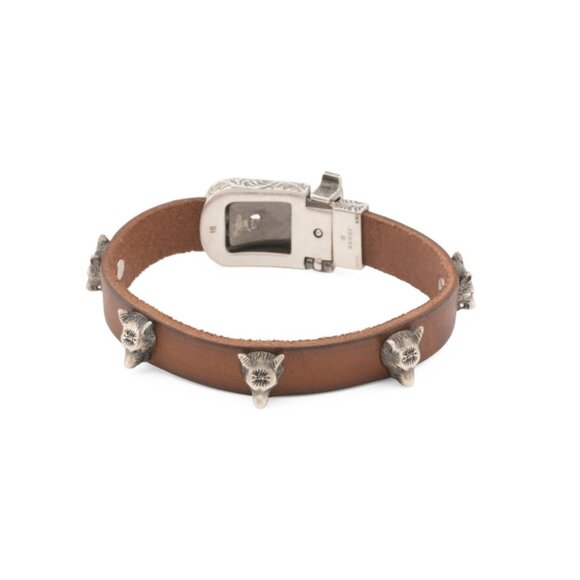 GUCCI Silver/Brown Made In Italy Sterling Silver Leather Stud Bracelet - Picture 1 of 2